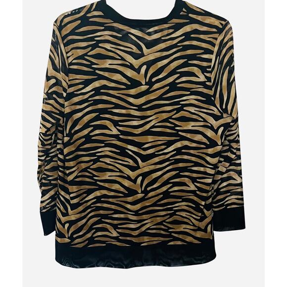CHICO’S LONG SLV BUTTON-UP V-NECK BLOUSE, US XL(CHICO'S 3), BLACK & GOLD, ANIMAL - Picture 5 of 11